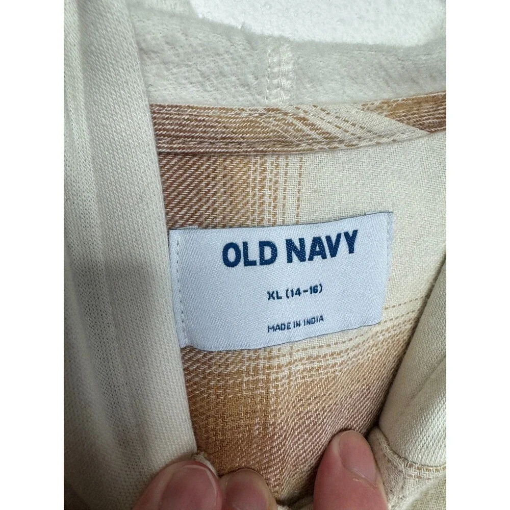 Old Navy Girls XL Hooded Flannel Shirt Cream Tan Plaid Button Front Long Sleeve